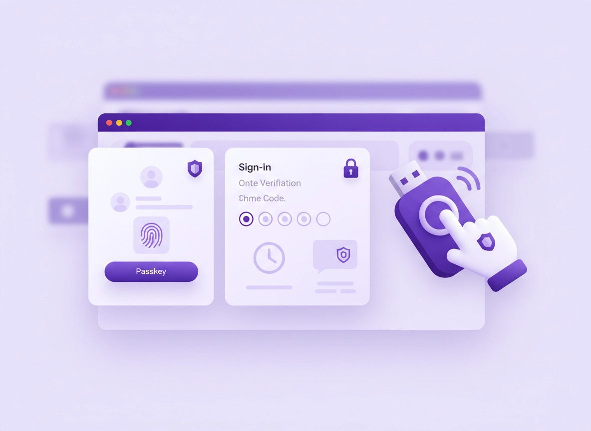 Chrome two-factor authentication guide showing passkeys, authenticator app codes, and security key protection