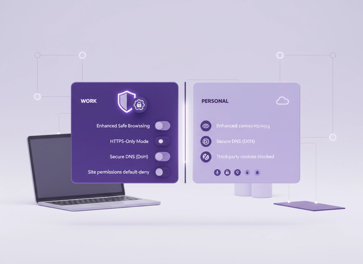 Zero Trust Chrome browser setup with a hardened work profile, secure DNS, HTTPS-only, and strict permissions
