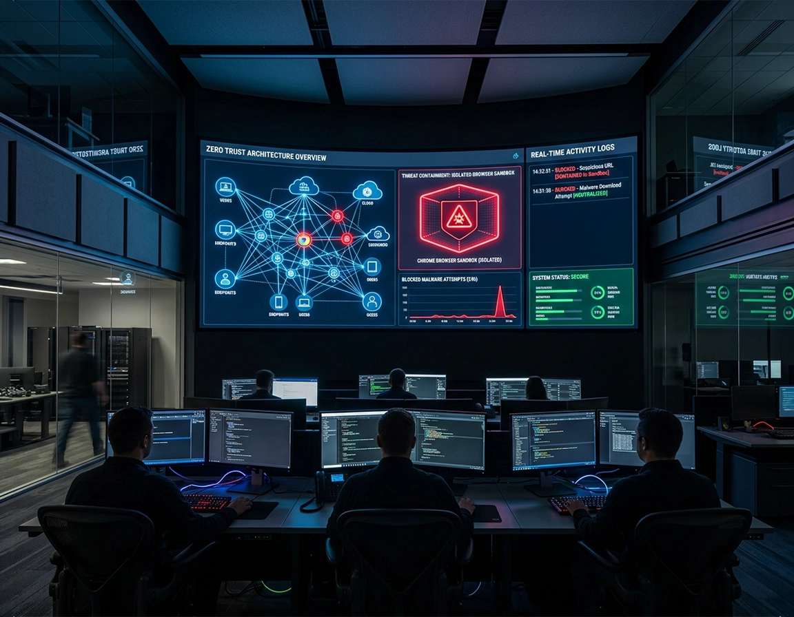Chrome Zero Trust malware prevention dashboard blocking active threats in enterprise environment