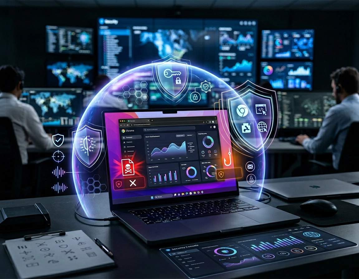 Stylized endpoint security dashboard beside a Chrome browser window showing download warnings, extension controls, phishing blocks, and device threat alerts in a purple ChromeThemer design.