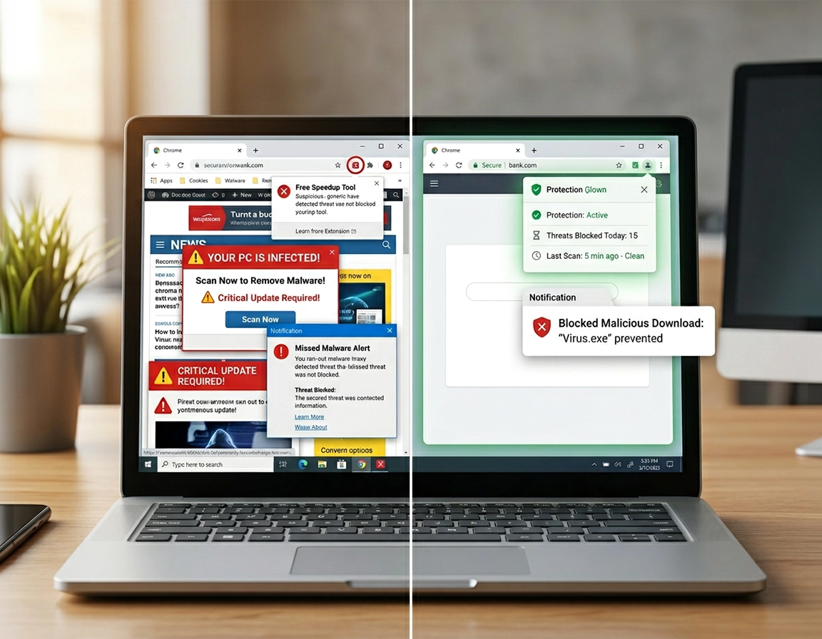 Free vs paid antivirus protection comparison in Chrome browser showing security differences