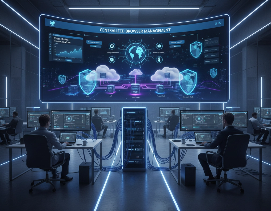 Illustration of a managed Chrome Enterprise environment showing policy controls, browser security, extension governance, reporting dashboards, and remote workforce access in a clean ChromeThemer purple style.