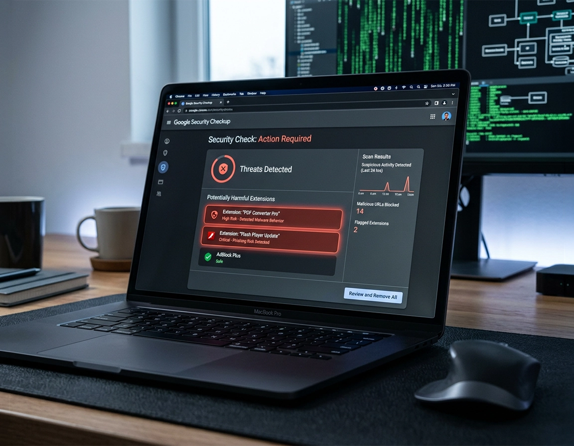 Chrome malware scanning workflow showing Safety Check, suspicious extensions, blocked notifications, download review, and device security scan in a clean purple ChromeThemer style.