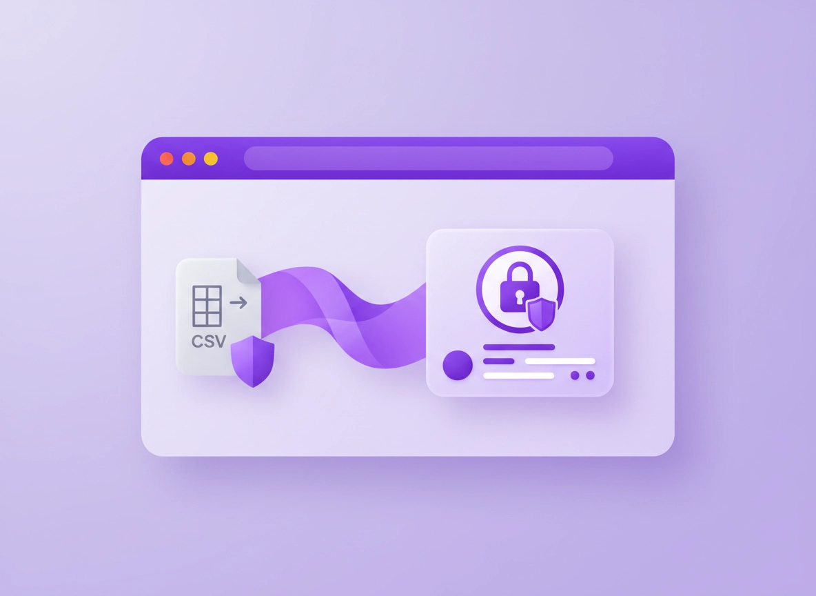 Illustration of a secure password import workflow: a CSV file moving into Google Password Manager with shield and lock icons, in a clean purple ChromeThemer style.