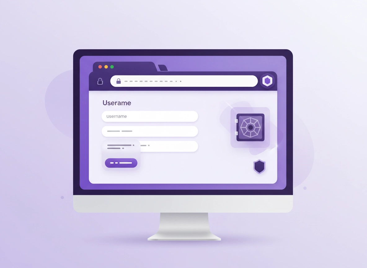Illustration of a Chrome login form with a secure password vault extension icon, autofill suggestion dropdown, and privacy-focused shield icons in a clean purple UI style.