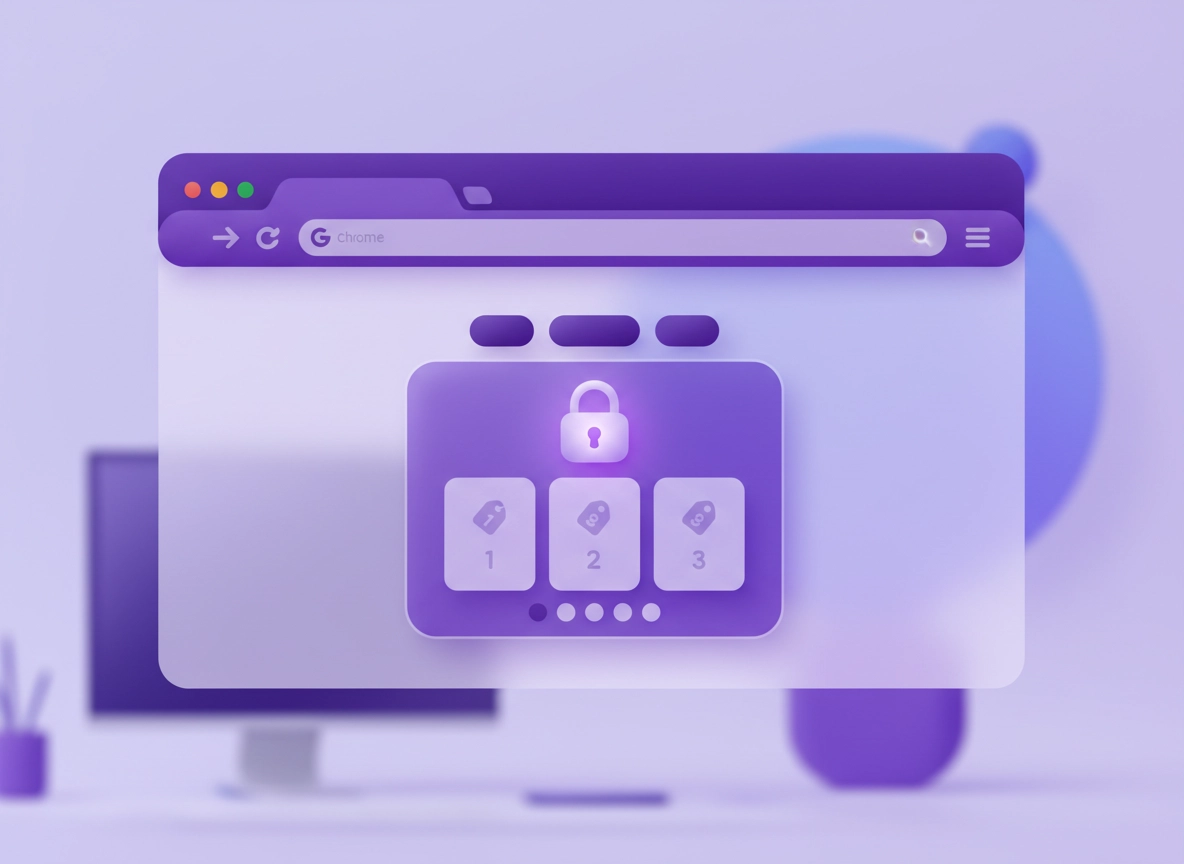 Budget password manager comparison illustration for Chrome: a vault, lock, and price tag icons around a clean browser window in ChromeThemer purple styling.
