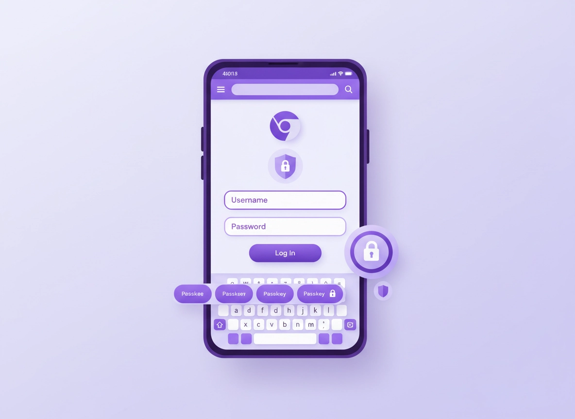 Illustration of an Android phone with Chrome sign-in fields, password autofill, passkey prompt, and a secure lock icon in a clean purple ChromeThemer style.