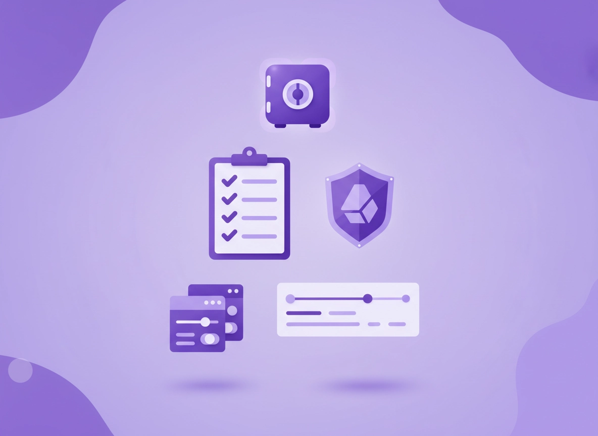 Chrome password manager compliance illustration with a secure vault, audit checklist, encryption shield, and Chrome extension-style UI cards in a clean purple ChromeThemer look.