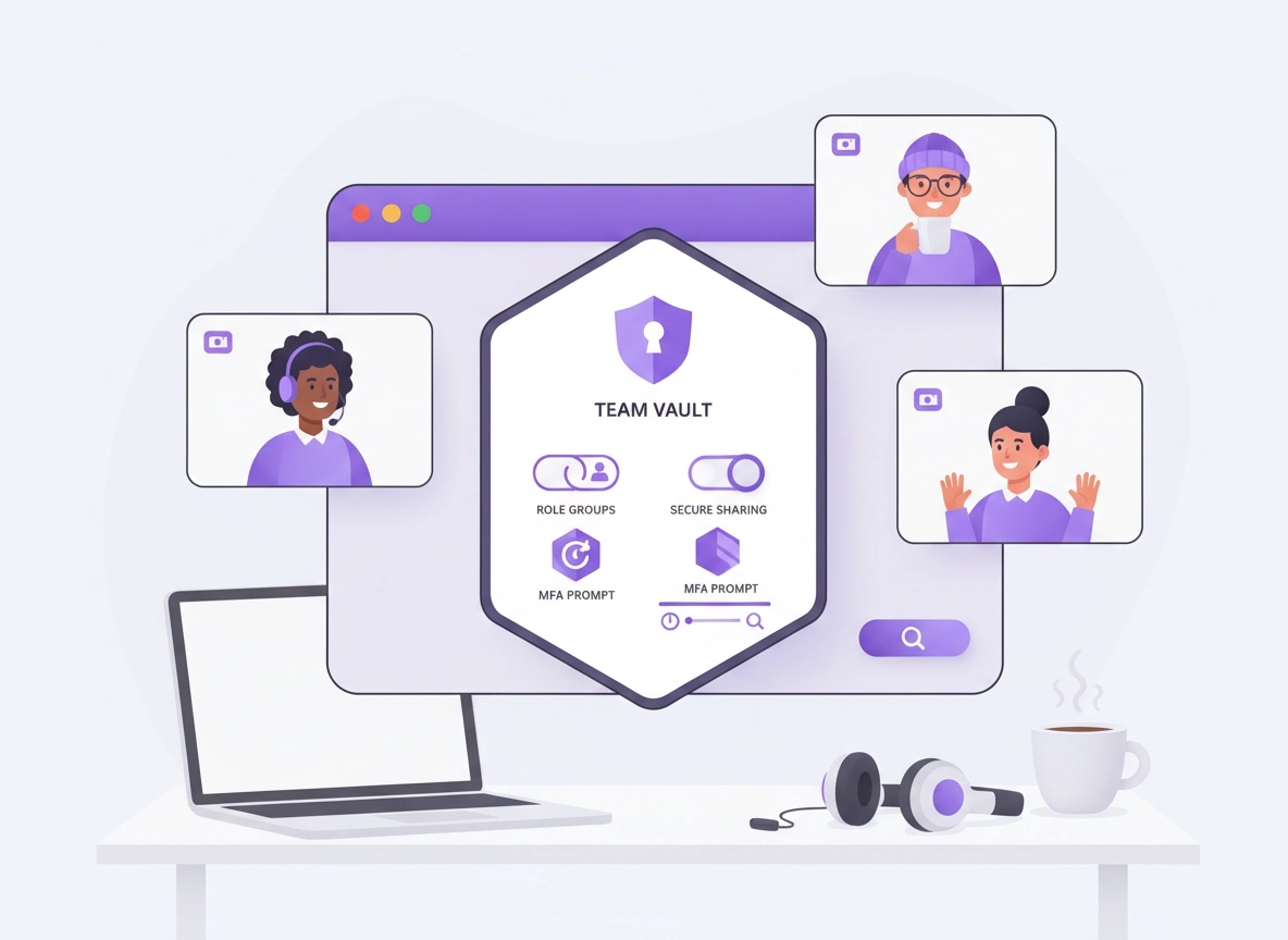 Illustration of a remote team using Chrome with a password vault, secure sharing, MFA prompts, and admin controls in a clean purple ChromeThemer style.