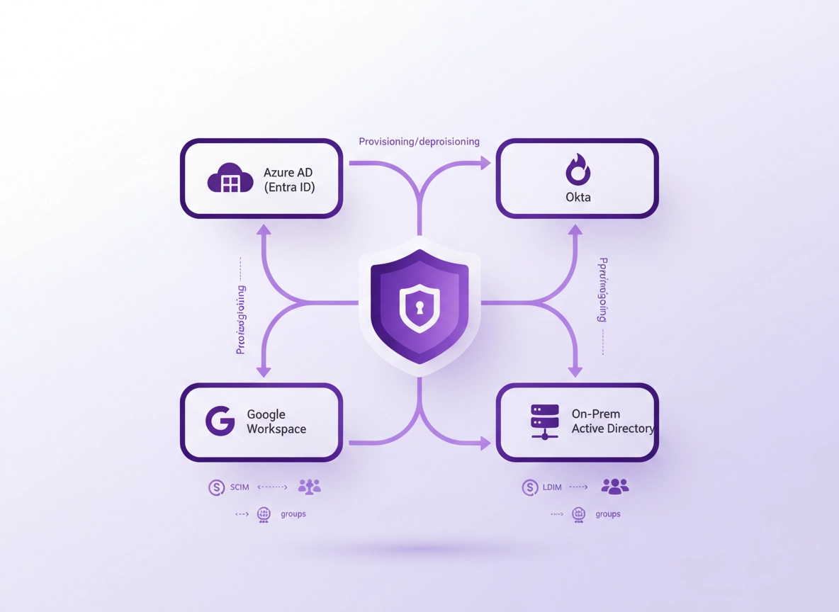 Enterprise directory integration diagram showing a password manager connected to Azure AD (Entra ID), Okta, Google Workspace, and an on-prem Active Directory via SCIM/LDAP, in a clean ChromeThemer purple style.