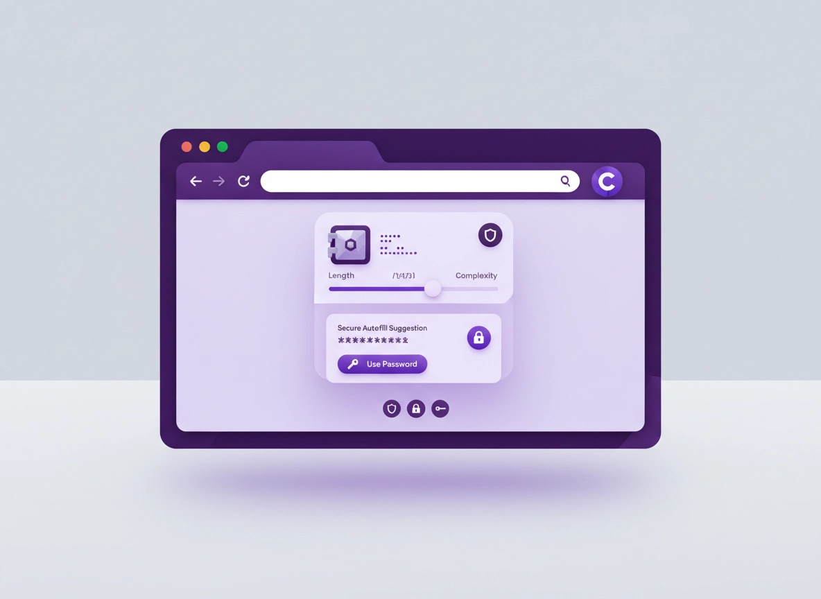 Illustration of a Chrome browser window with a password manager extension popover, vault, autofill prompt, and security icons in a clean purple ChromeThemer style.