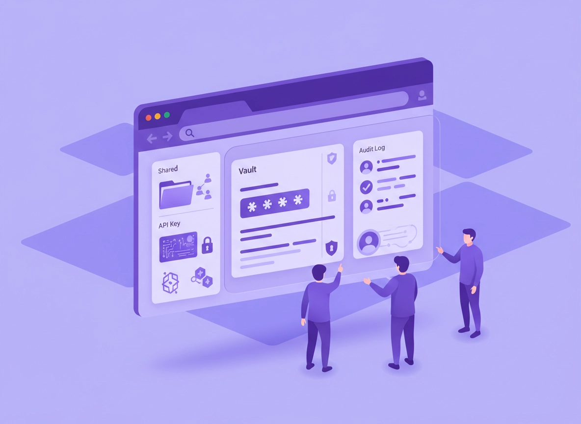 Illustration of a developer team using a secure password vault in Chrome with shared folders, API key cards, SSH key icons, and audit log signals in a clean purple ChromeThemer style.