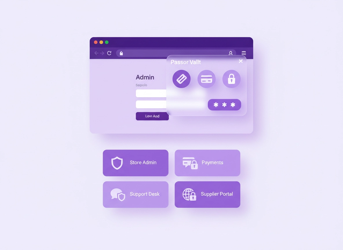 Ecommerce security illustration showing a Chrome browser with an admin dashboard login, a password vault, and lock icons protecting payments, customer support tools, and supplier accounts.