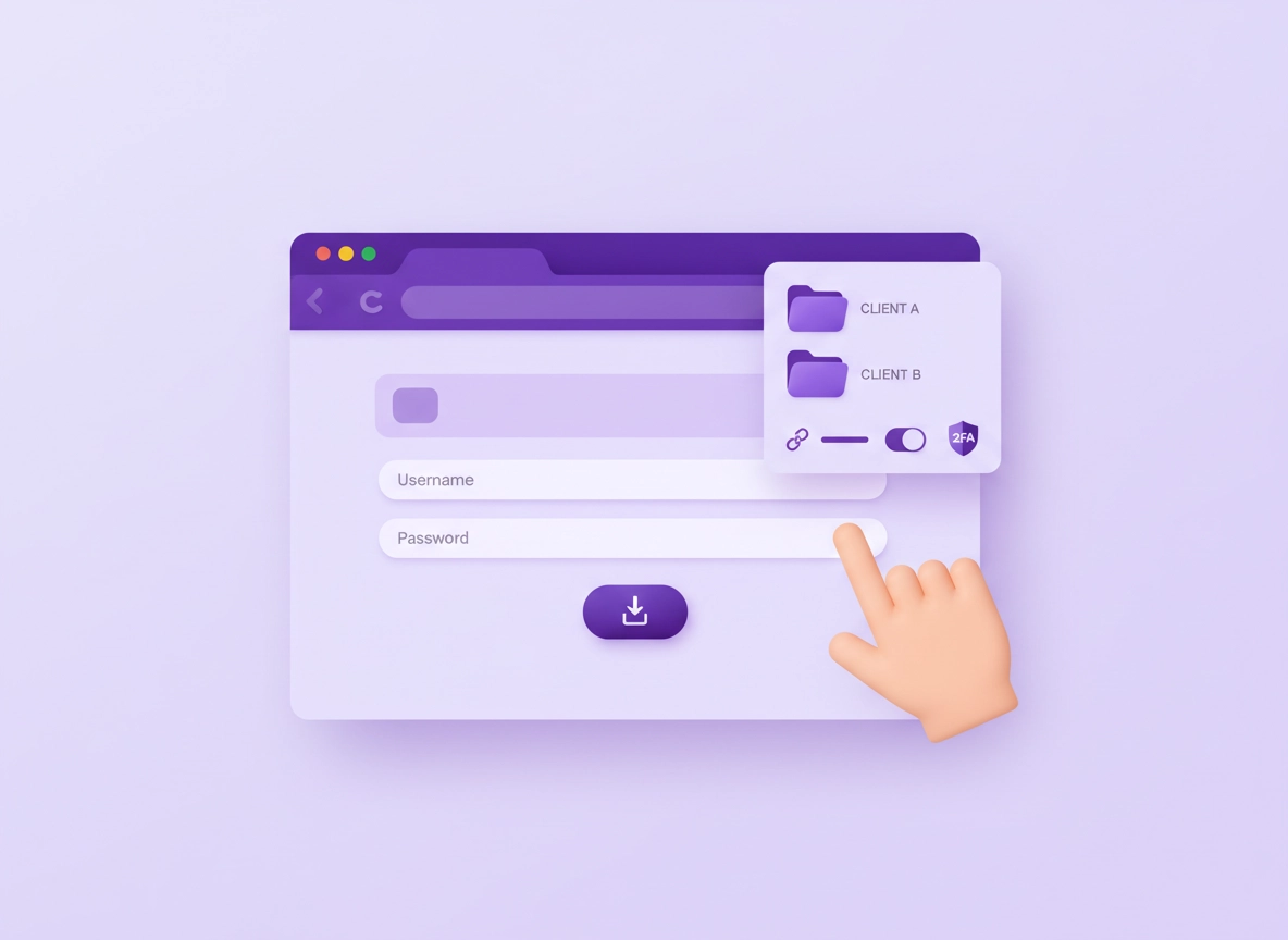 Freelancer-focused password manager dashboard illustration with Chrome extension popup, client folders, sharing controls, and a lock icon in a clean purple ChromeThemer style.