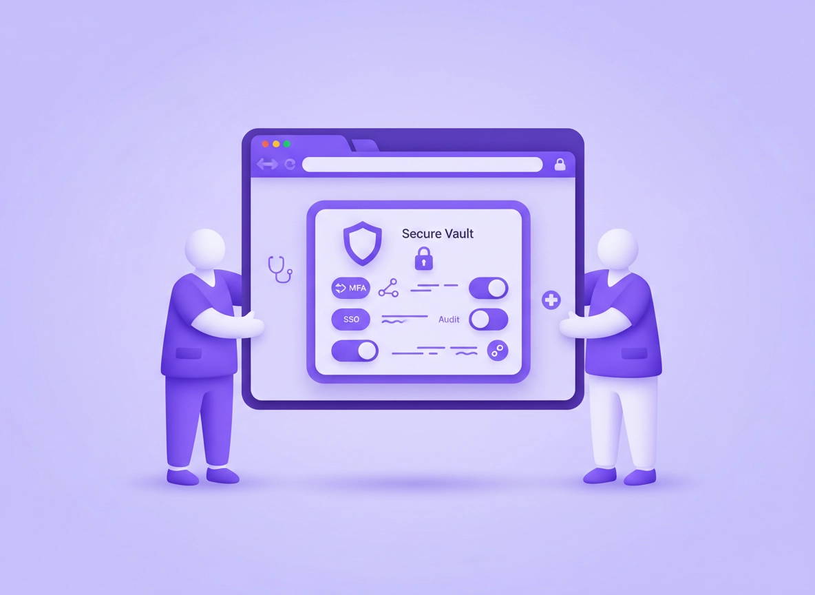 Healthcare-focused password manager illustration for Chrome showing a secure vault, audit log, role-based access, and a clinic laptop with shield icons in a clean purple style.