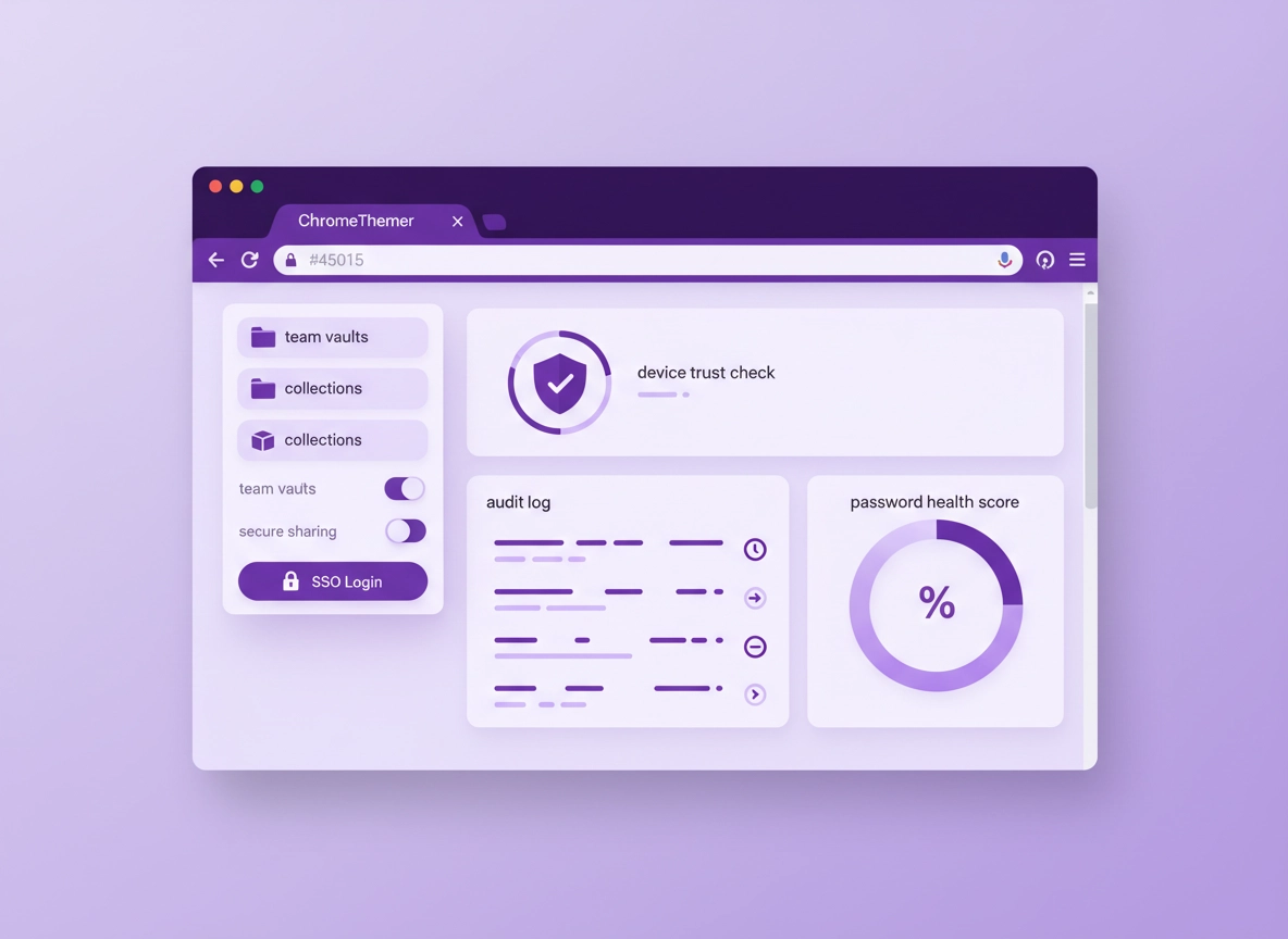 Illustration of a Chrome password manager extension with team vaults, SSO sign-in, device trust checks, and secure sharing in a clean purple ChromeThemer style.