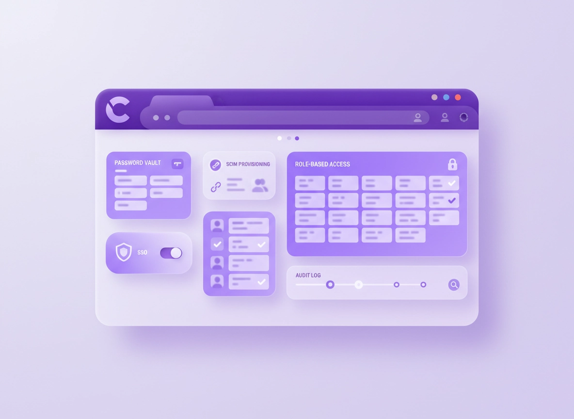 Illustration of a SaaS team's security dashboard with a password vault, SSO toggle, SCIM provisioning, audit logs, and Chrome browser icons in a clean purple style.