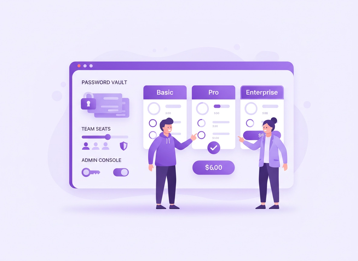 Startup team evaluating password manager pricing with a vault dashboard, seat counts, admin controls, and security icons in a clean purple ChromeThemer style.