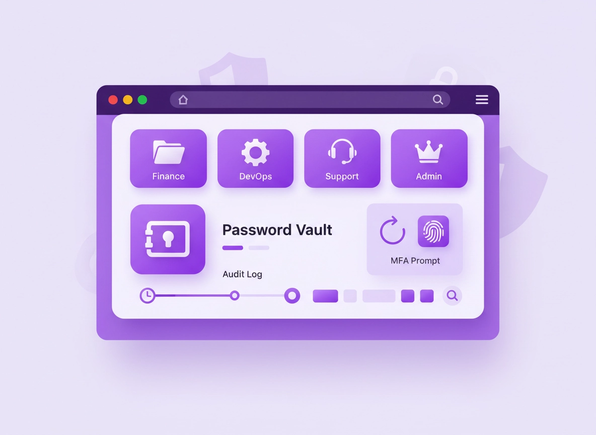 Startup password vault security illustration with Chrome browser, team folders, MFA prompts, audit log timeline, and lock icons in a clean purple ChromeThemer style.