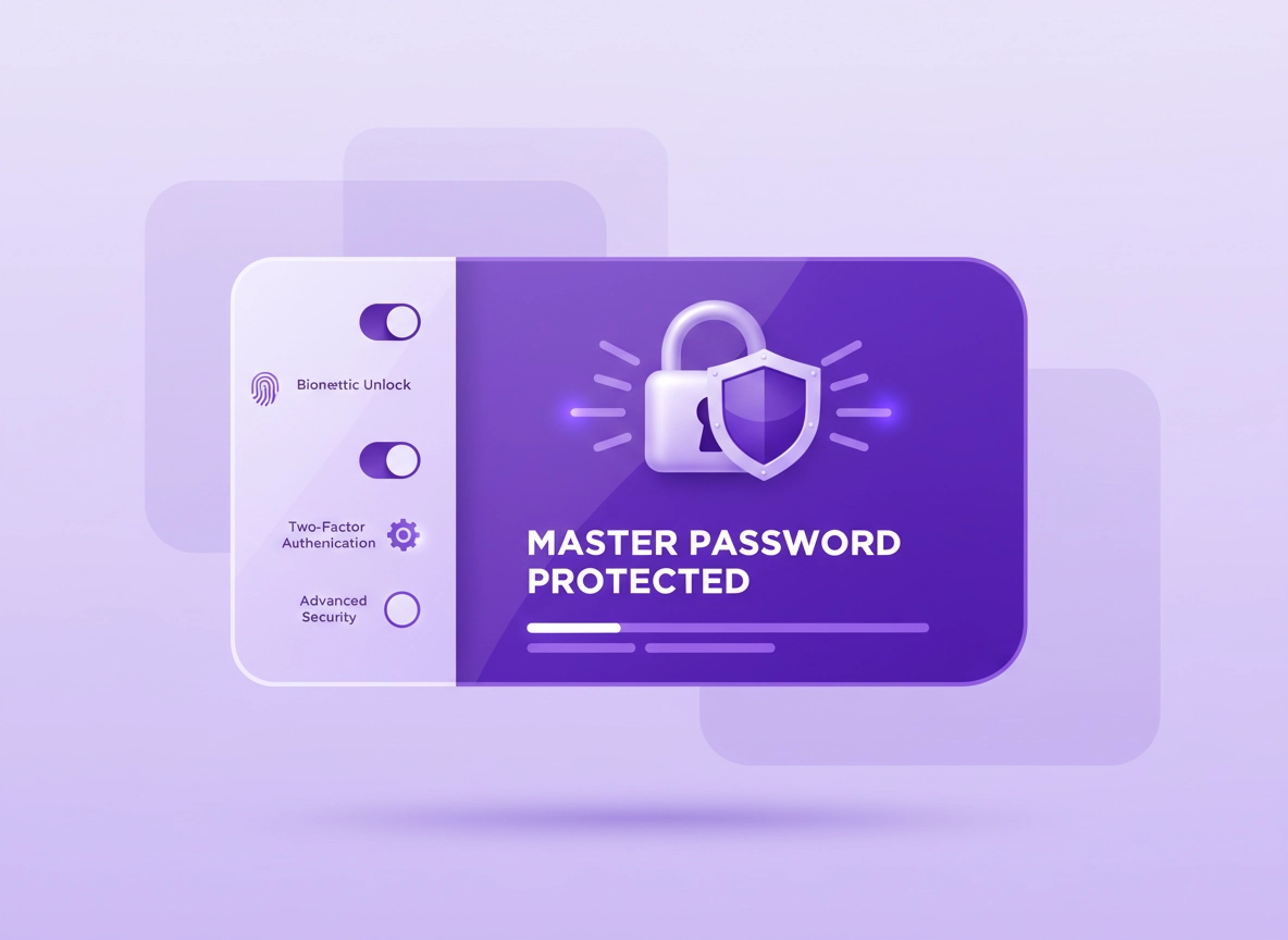 Illustration of a password vault protected by a master password, with lock and shield icons and a secure Chrome-style UI panel in purple.