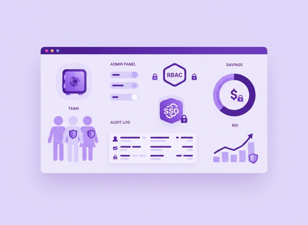 Password manager ROI illustration showing a secure vault, team access controls, and a savings dashboard with reduced resets and lower breach risk in a clean purple style.