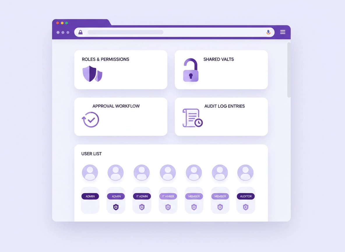 Illustration of a Chrome password manager admin console showing roles, permissions toggles, shared vaults, and audit logs in a clean purple style.