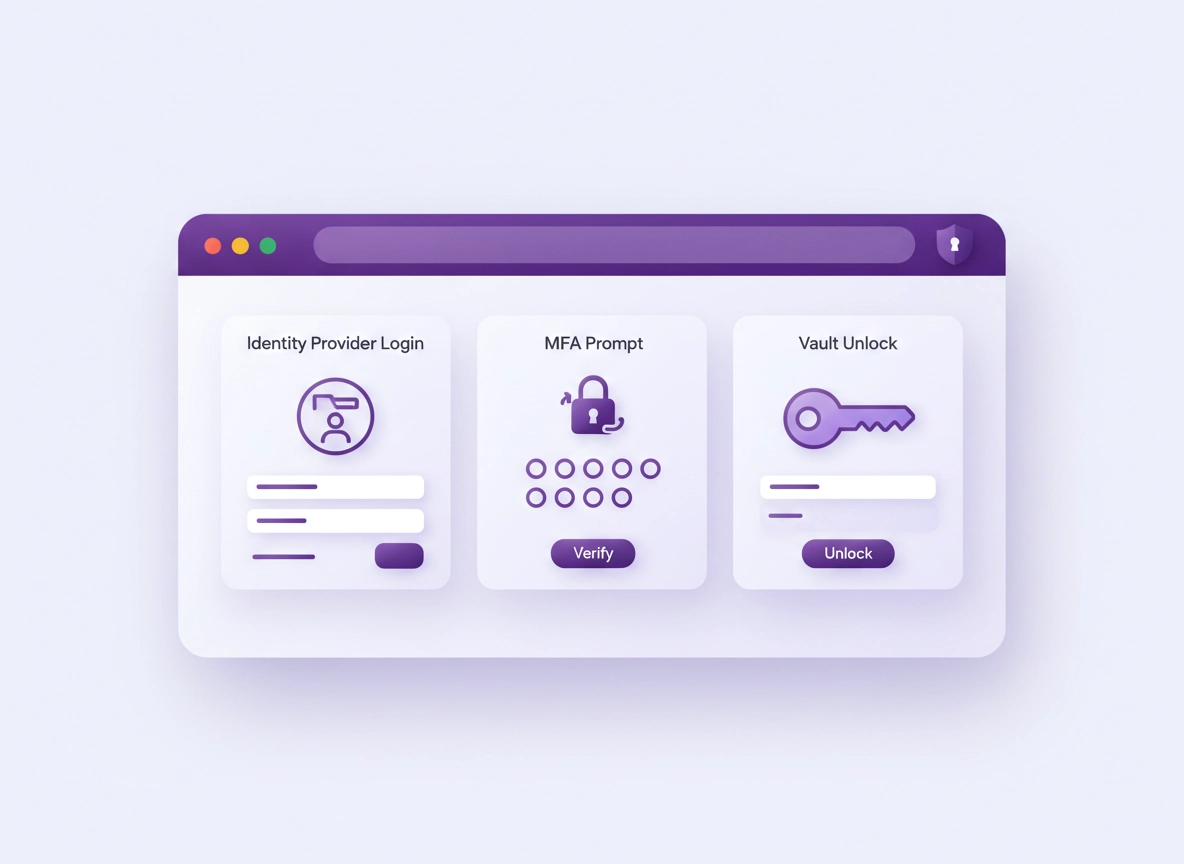 Chrome browser with a password manager extension and a single sign-on flow: IdP login, MFA prompt, and a vault unlock screen in a clean purple ChromeThemer style.