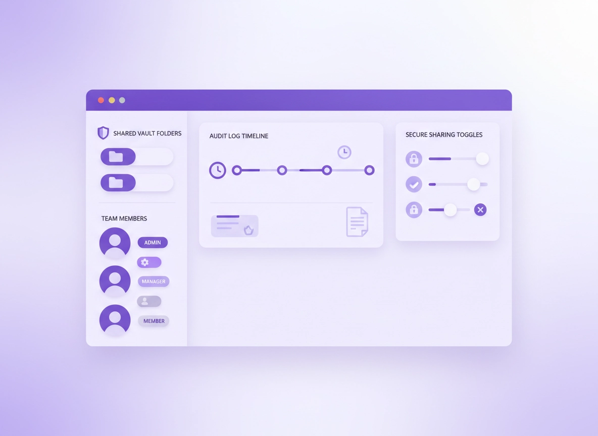 Team password vault illustration in a Chrome-like browser settings style with shared folders, access roles, audit log icons, and a subtle shield in a clean purple ChromeThemer palette.