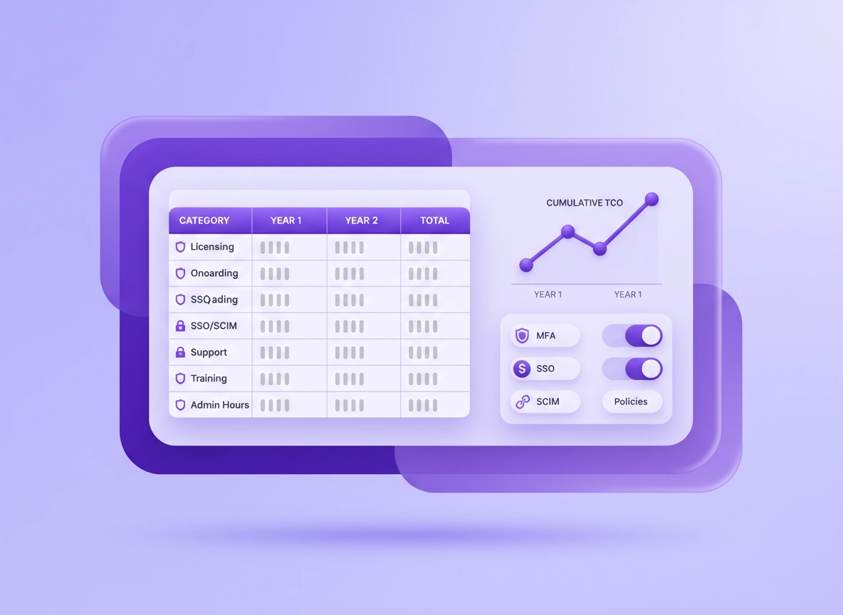 Password Manager Total Cost of Ownership model showing licensing, admin time, SSO, SCIM, onboarding, and risk cost categories