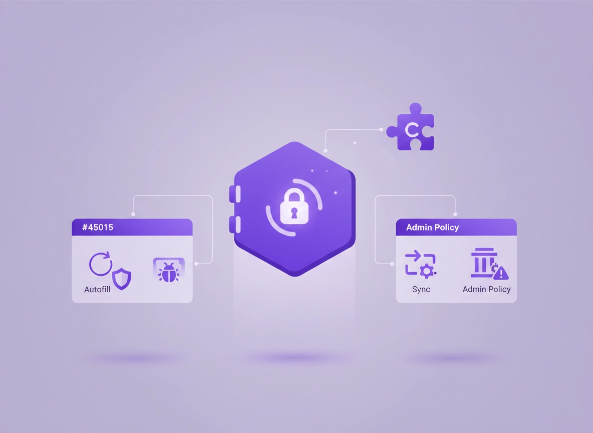 Illustration of a password vault connected to a browser extension with shield, bug, and warning icons, showing where password manager vulnerabilities can appear in Chrome.