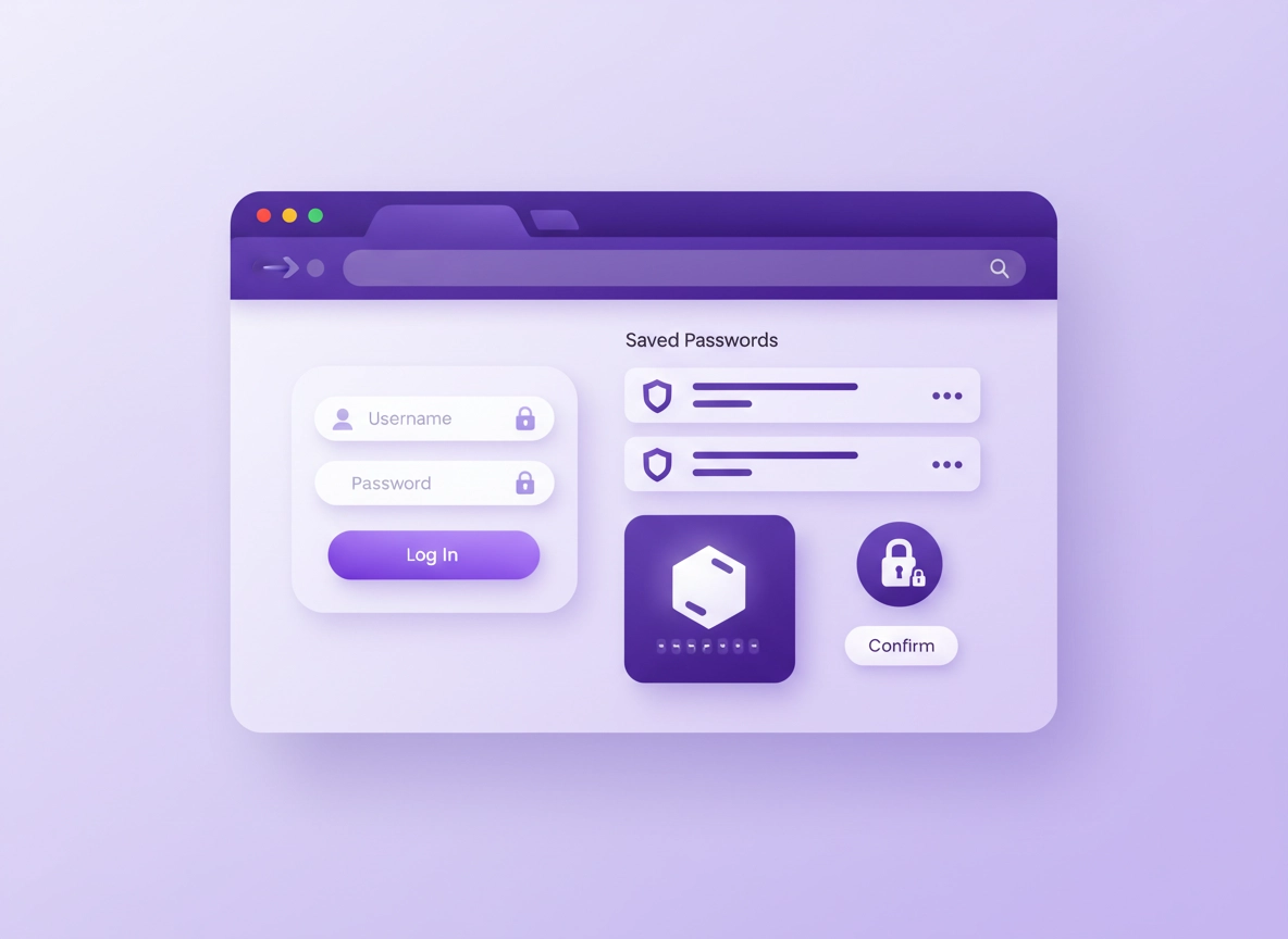 Password manager vault on a Chrome-like browser screen with a 2FA authenticator app and security key icons in a clean purple ChromeThemer style.