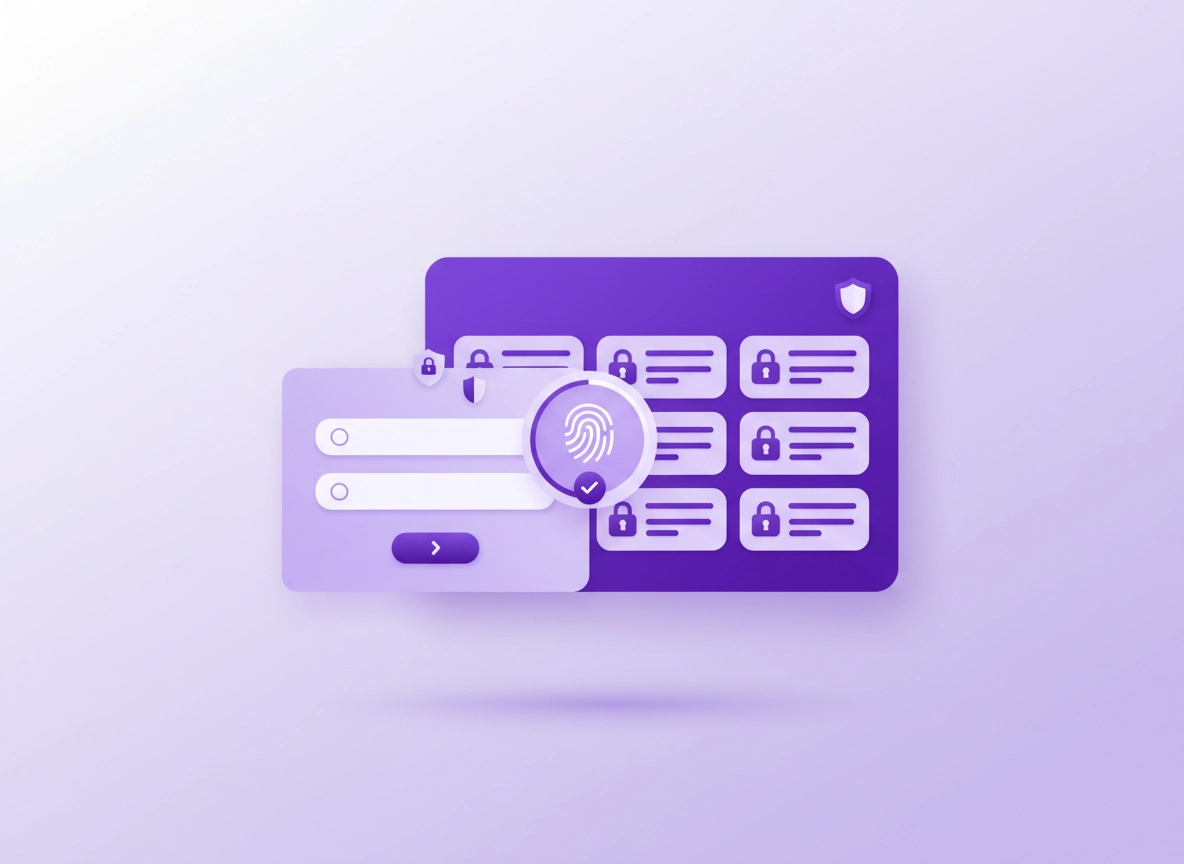 Chrome password manager and autofill screen with biometric shield icons, a fingerprint prompt, and a secure lock overlay in a clean purple ChromeThemer style.