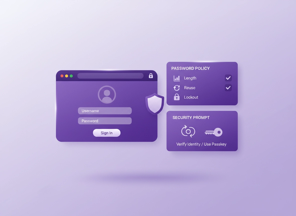 Enterprise password policy illustration with a managed Chrome browser, secure sign-in, MFA prompt, and admin policy controls in a clean purple ChromeThemer style.