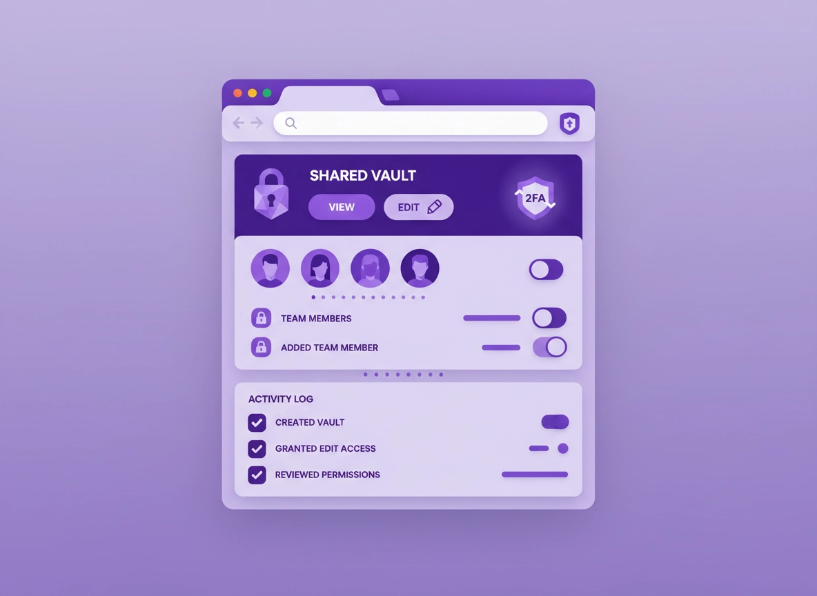 Illustration of a Chrome password manager extension with a shared vault, access controls, and secure sharing icons in a clean purple ChromeThemer style.