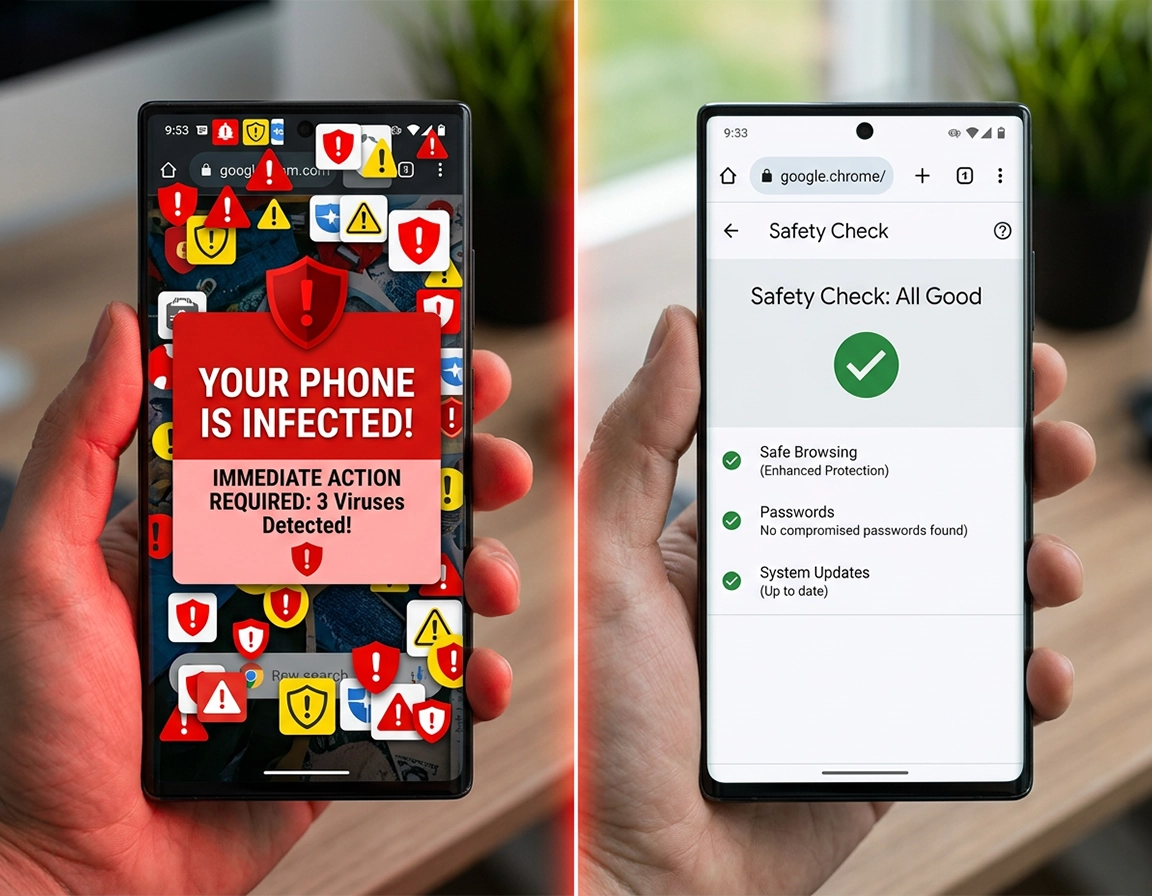 Chrome for Android malware cleanup illustration showing a phone screen with blocked pop-ups, revoked notification permissions, Play Protect scan status, and a cleaned browser interface in ChromeThemer purple.