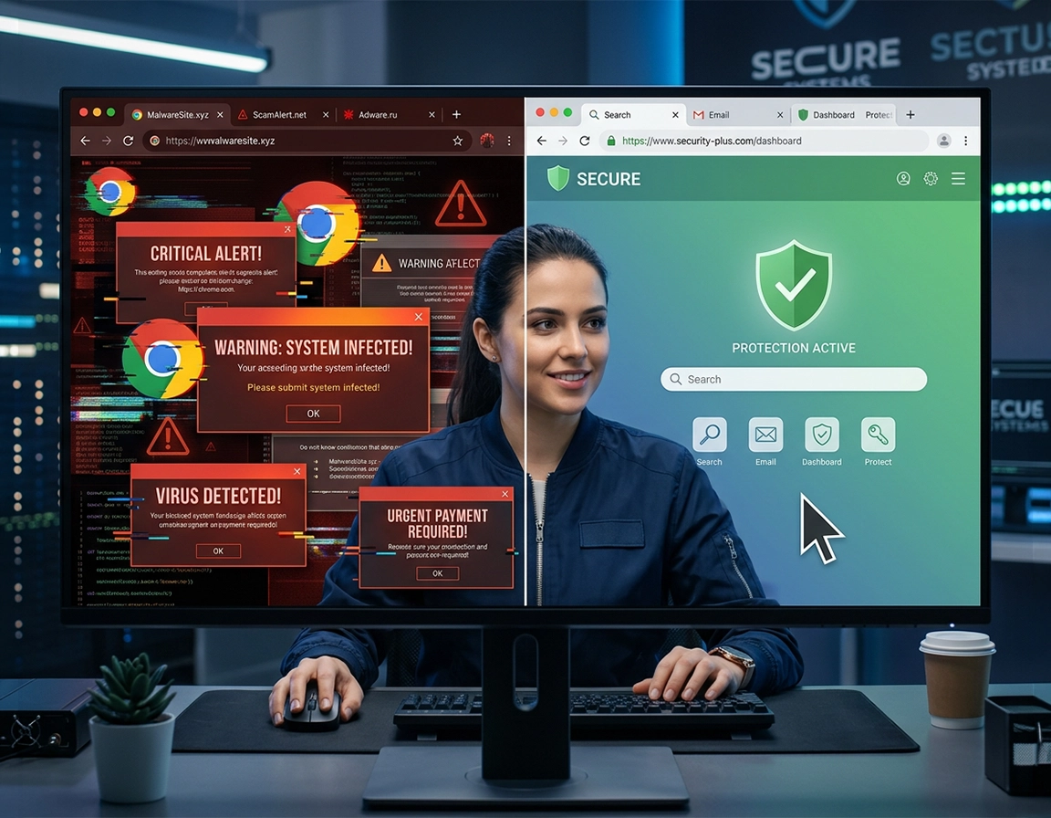 Chrome malware removal hub illustration with browser cleanup workflow, shield icons, extension audit panels, and device security layers in a purple ChromeThemer style.
