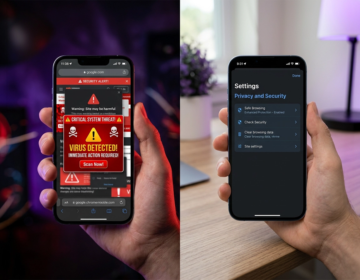 Illustration of Chrome on iPhone with warning pop-ups, privacy controls, and iOS security cleanup steps in a purple ChromeThemer style.