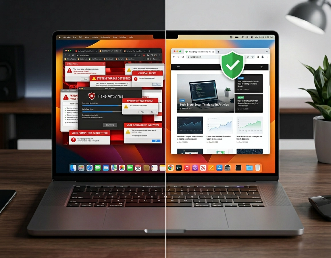 Illustration of a MacBook with Google Chrome showing suspicious redirects, extension removal, login item cleanup, and Chrome reset steps in a clean purple ChromeThemer style.