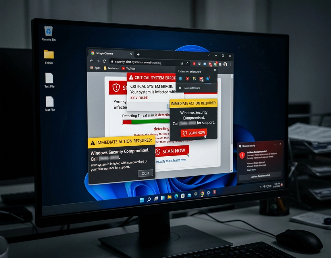 Windows desktop illustration showing Chrome cleanup, suspicious extension removal, blocked notifications, and antivirus scanning in a purple ChromeThemer style.