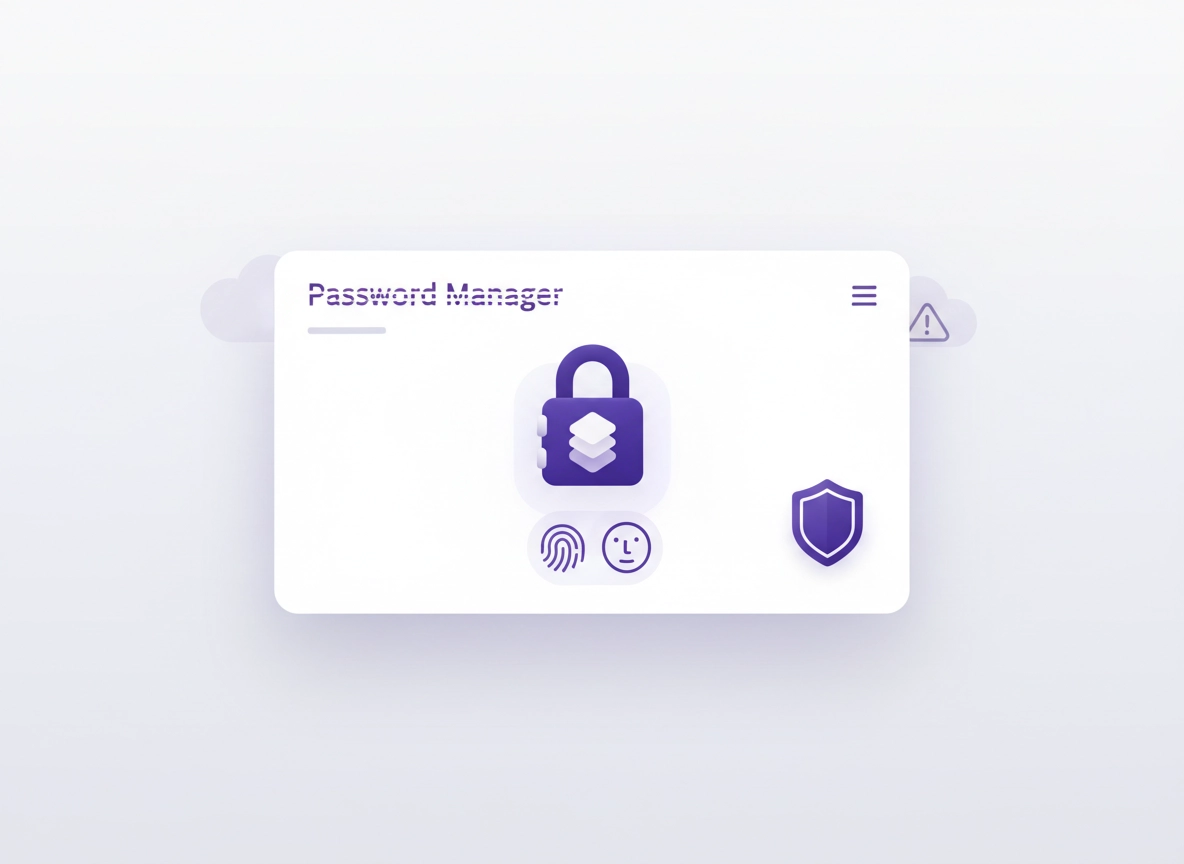 Secure password storage concept illustration with a browser vault, lock icons, encrypted data blocks, and a Chrome-like settings panel in a clean purple style.