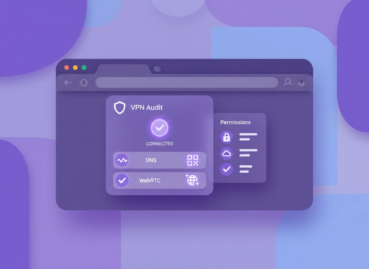 VPN Chrome Security Audit checklist showing permissions, DNS leak tests, WebRTC checks, and logging review