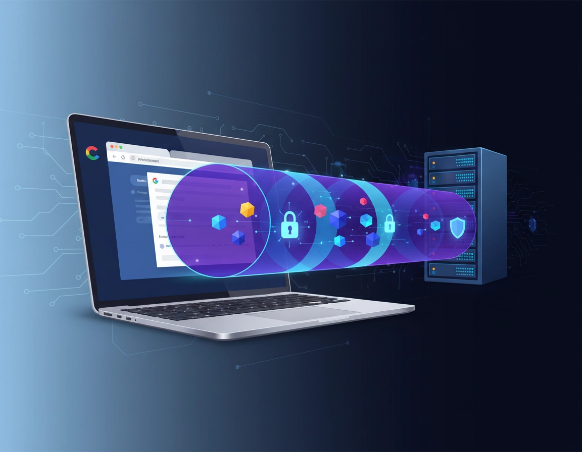 VPN encryption tunnel protecting Chrome browser traffic with secure lock icons and network data