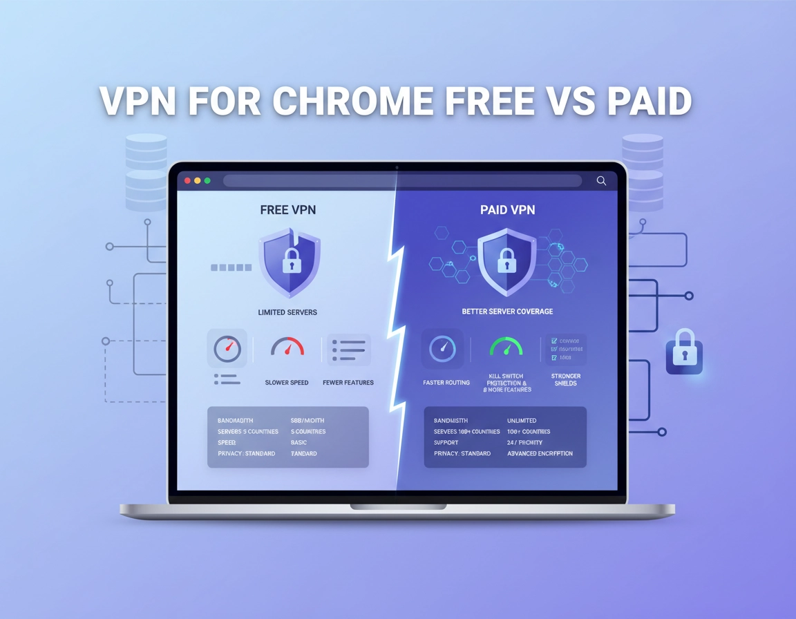 VPN for Chrome free vs paid comparison showing browser privacy, speed, feature limits, and security differences