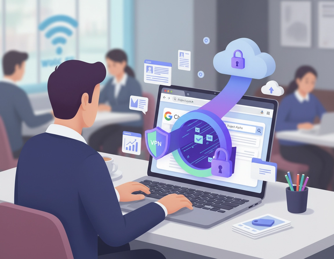 Freelancer using Chrome with a secure VPN connection while working remotely