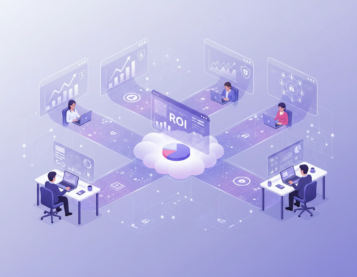VPN ROI for remote teams illustration showing secure connections, productivity dashboards, and cost analysis