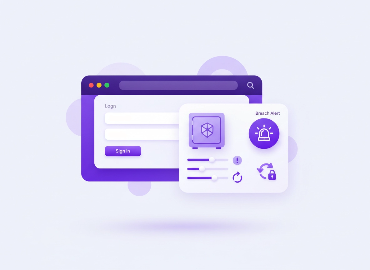 Password manager vault illustration for Chrome showing autofill, strong password generation, breach alerts, and secure sharing icons in a clean purple ChromeThemer style.
